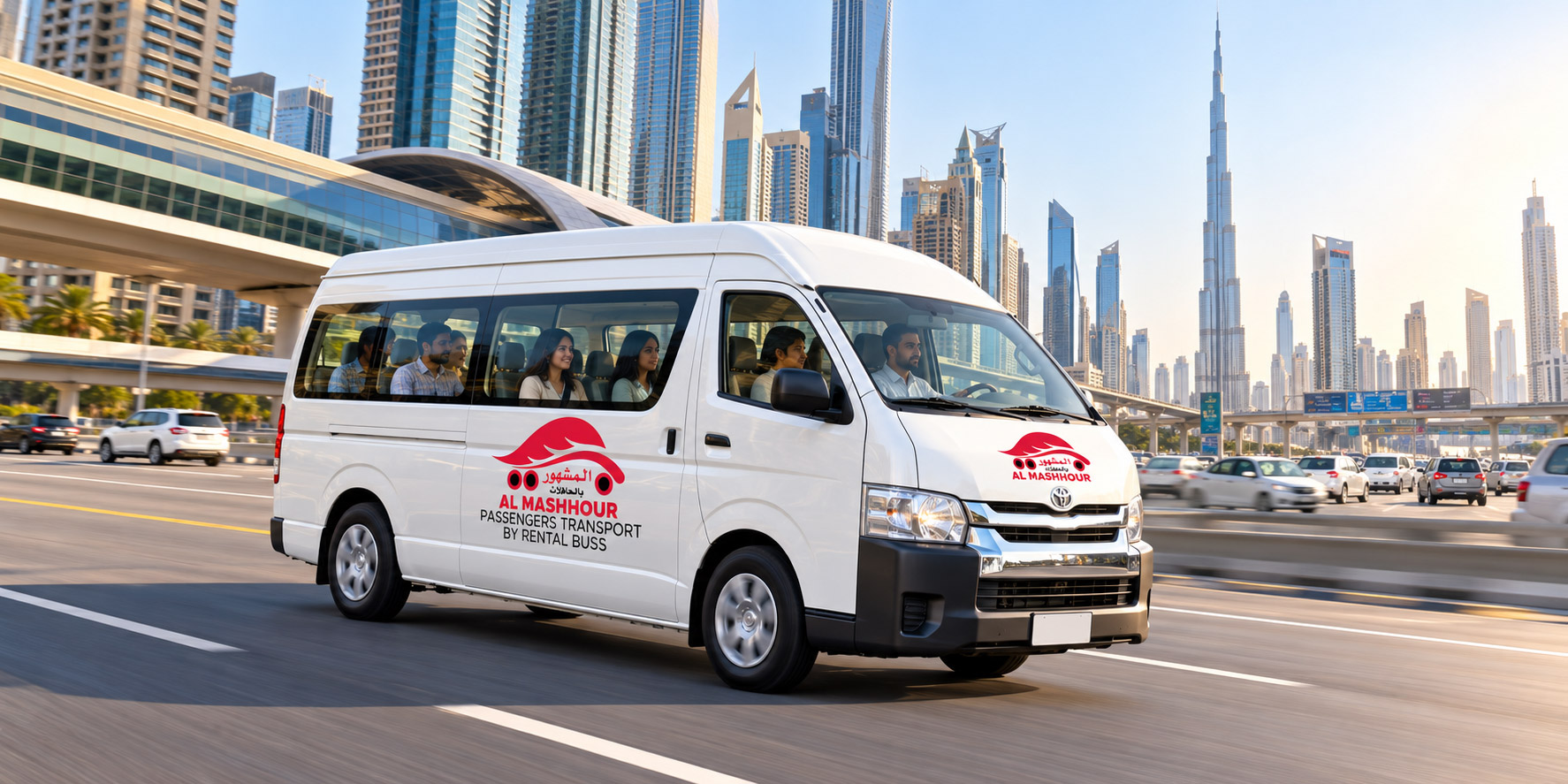 Al Mashhour 10-seater van on a Dubai highway