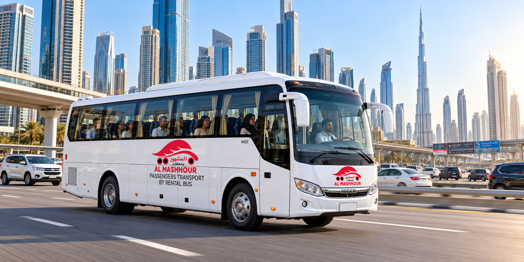 Al Mashhour 22-seater bus on a Dubai highway