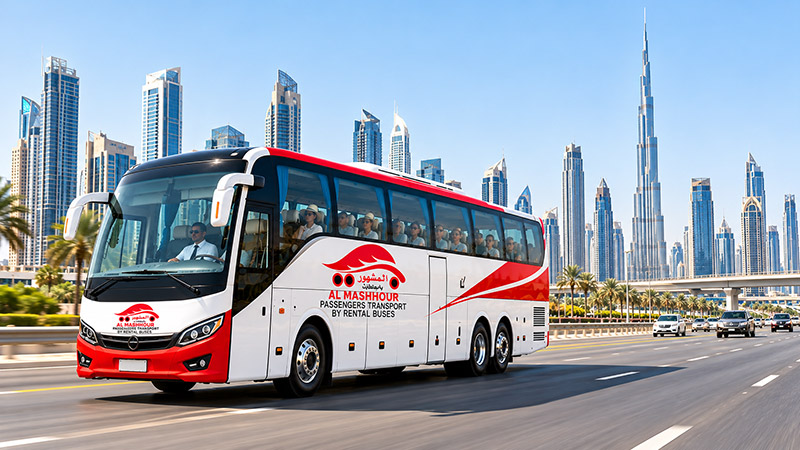 Al Mashhour 55 seater coach on the road