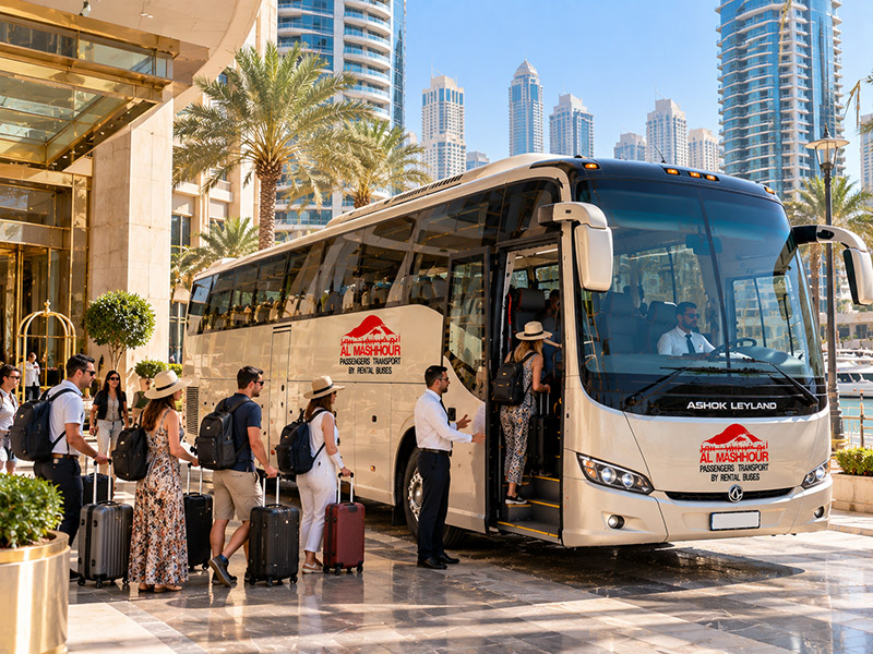 Al Mashhour 65 seater bus on the road