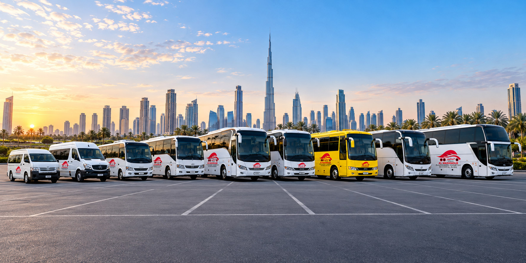 Al Mashhour bus fleet lined up in front of the Dubai skyline