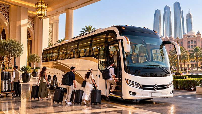 Al Mashhour hotel transfer bus on the road