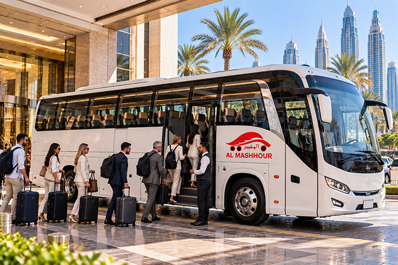 Al Mashhour hotel transfer bus on the road