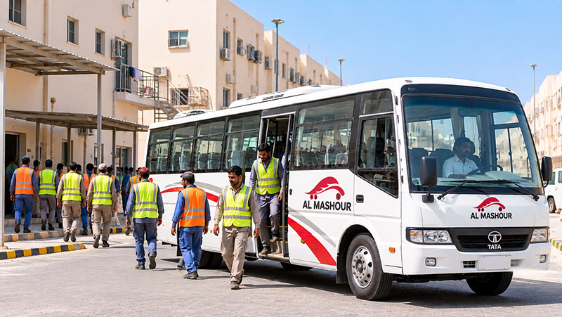 Al Mashhour labour transport bus on the road