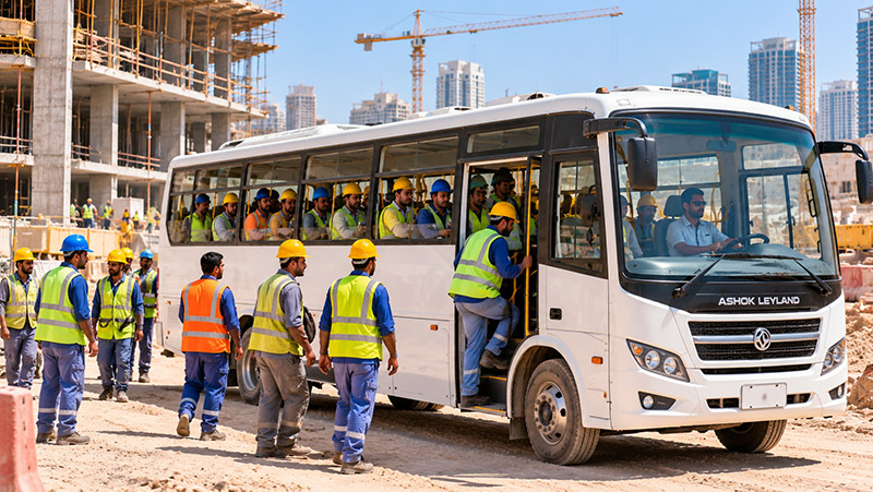 Al Mashhour labour transport bus on the road