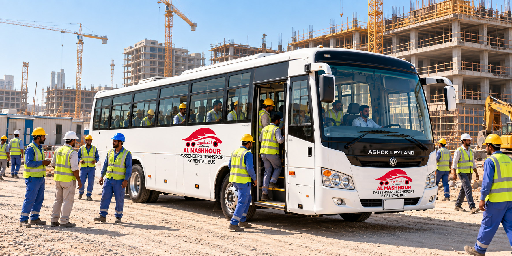 Workers boarding an Al Mashhour bus at a construction site