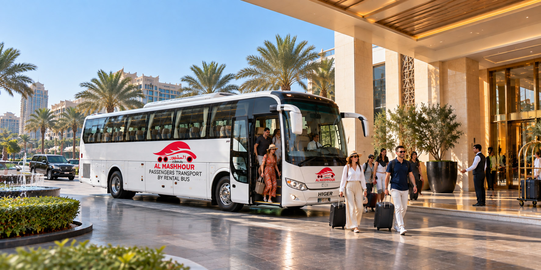 Guests leaving an Al Mashhour luxury coach at a hotel entrance
